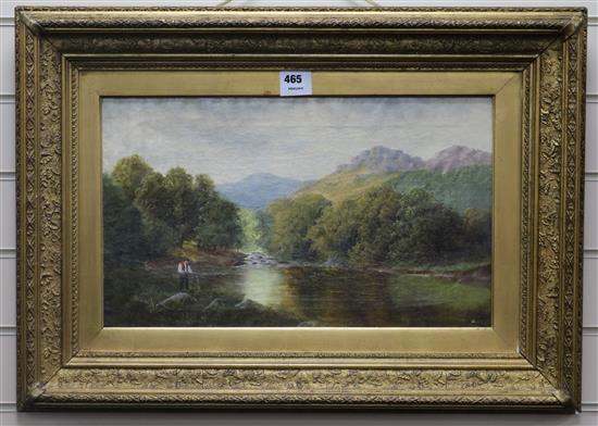 19th century English School, oil on canvas, angler beside a river, indistinctly signed, 30 x 50cm